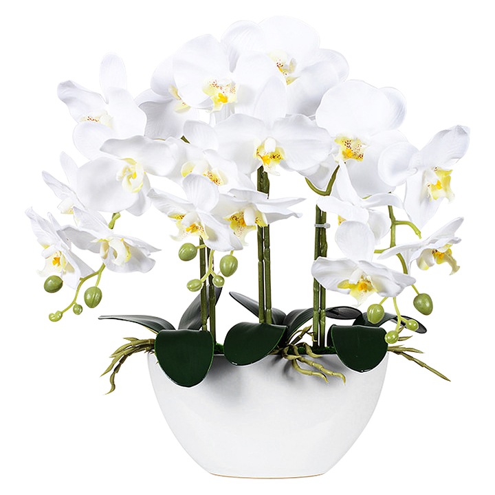 Изкуствена орхидея в бяла керамична саксия, qipuneky
