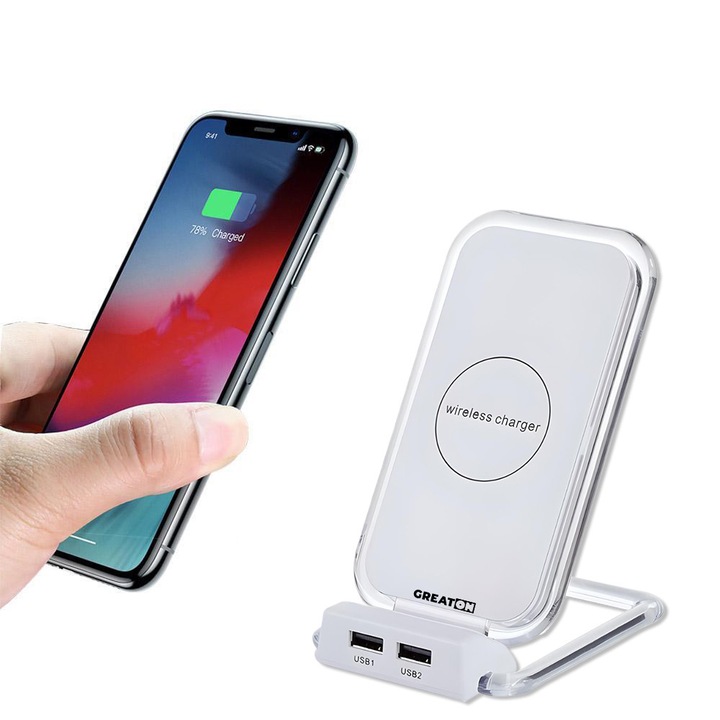 Incarcator Wireless GREATON Cu Suport De Birou, 3 Bobine Si 2 Porturi USB, Culoare Alb