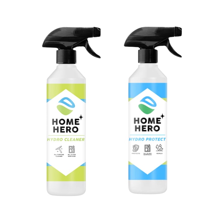 Pachet 2 Solutii Profesionale Curatenie Home Hero, 500ml – Hydro Cleaner pentru Geamuri, Sticla si Oglinzi + HydroProtect cu Efect Hidrofob pentru Sticla si Inox
