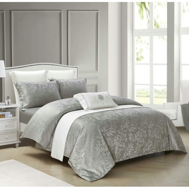 Lenjerie de pat dublu, Primavara, Cearsaf cu Elastic, Jacquard Lux, 4 piese, 2 persoane, Uni, 180x200cm, Gri Deschis