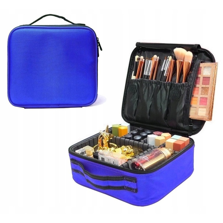 Organizer cosmetice, albastru, 22,5x25,5x9,5cm, 7 compartimente, 4 buzunare mari