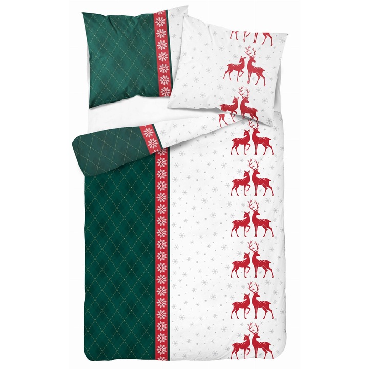 Flanel ágyneműhuzat 140x200 cm, rénszarvas mintás, 100% pamut, zöld, komplett szett
