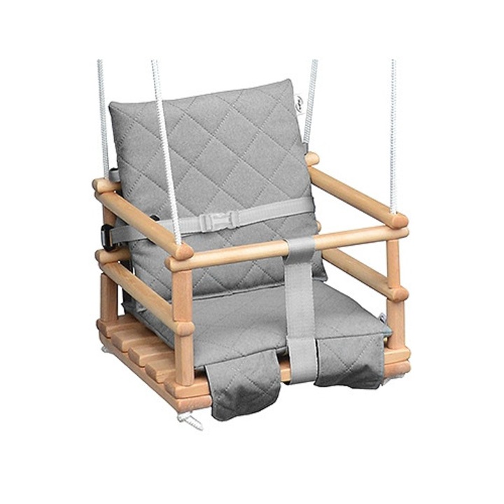 Дървена детска люлка Skyline, с възглавници, бежова/светло сива, 23x31x33см