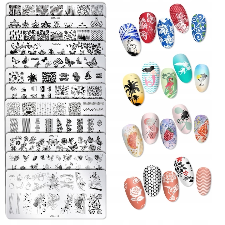 Set 12 placute cu stampile pentru unghii, 12x6cm, argintiu