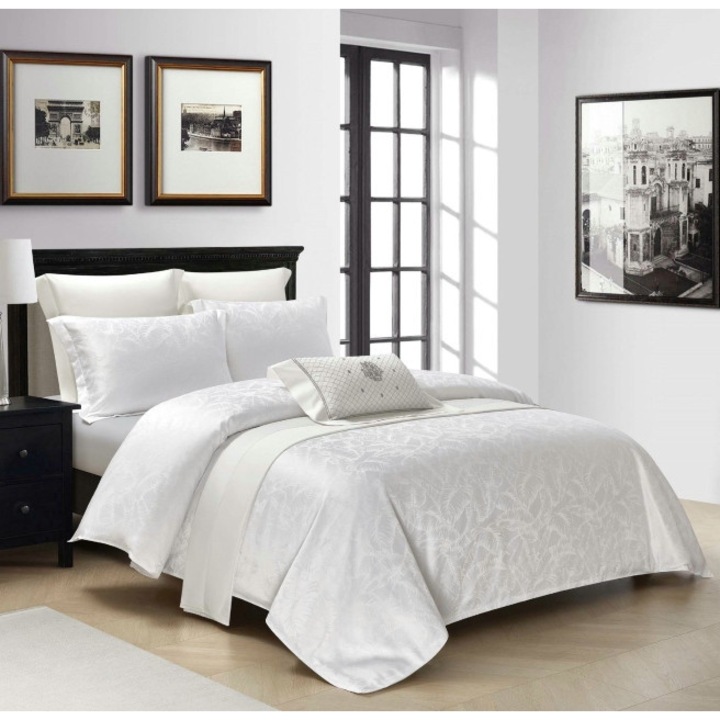 Lenjerie de pat dublu, Primavara, Cearsaf cu Elastic, Jacquard Lux, 4 piese, 2 persoane, Uni, 180x200cm, Alb