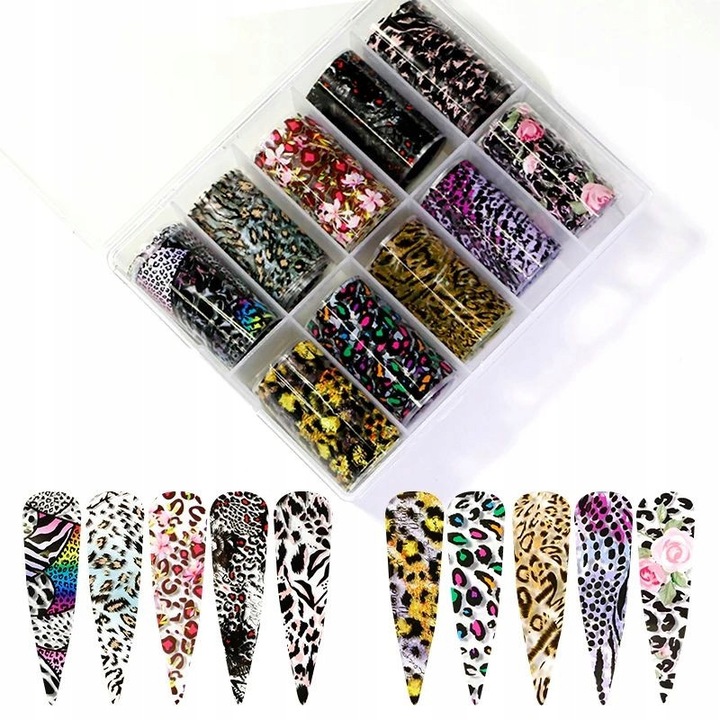 Set 10 role folie de transfer pentru unghii, model animal print, 10x4cm, multicolor