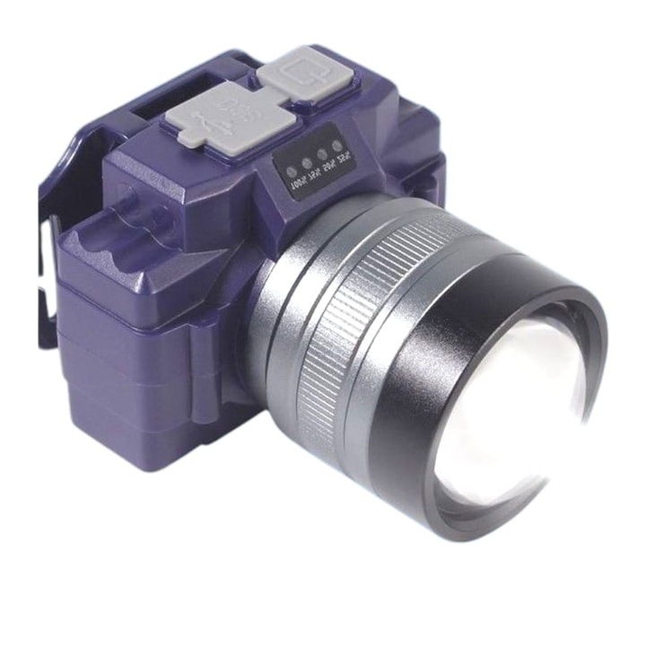 LED челник, USB зареждане, телескопичен челник, регулируем, дълъг обхват на увеличение, водоустойчив, 7,5 см x 5 см x 7 см, лилав