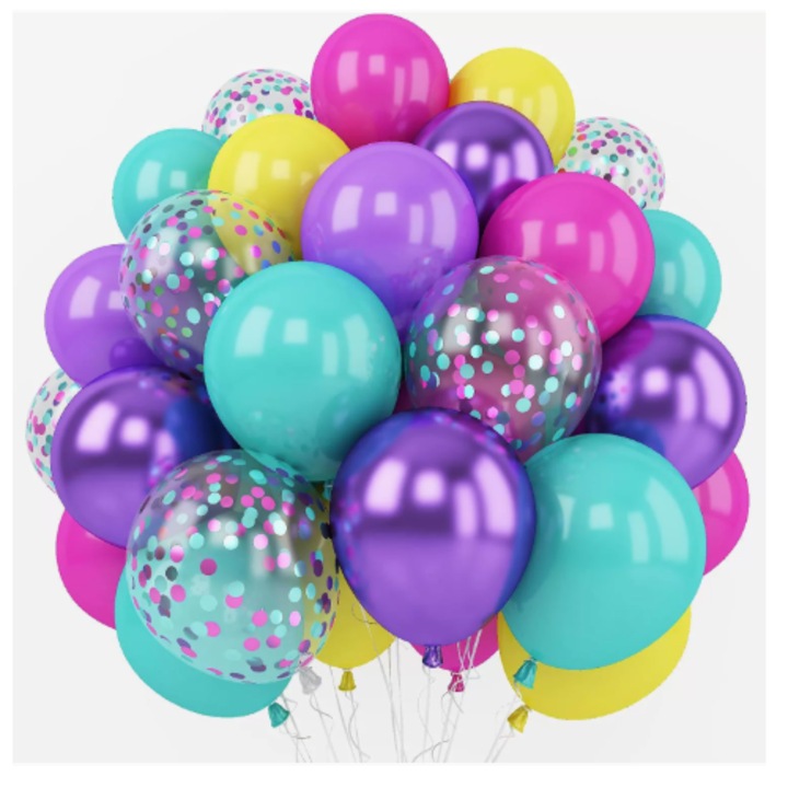 60 darabos színes TrendiShop lufi készlet, prémium latex, ideális partikra és ünnepi dekorációra, lila, sárga, rózsaszín, konfetti, 30 cm