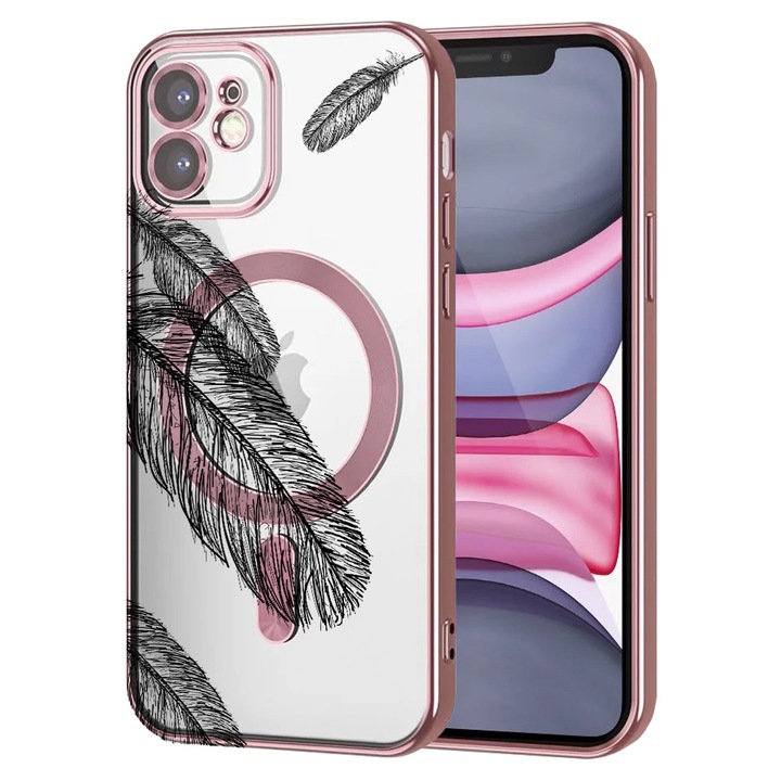 Husa BestCase® Luxury MagSafe, Compatibila Apple iPhone 11, Black feathers, Ultra-Soft, Margini metalizate, 1946058 MC Rose 18