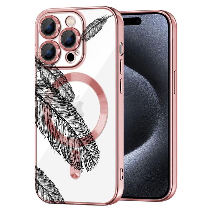 Husa BestCase® Luxury MagSafe, Compatibila Apple iPhone 13 Pro Max, Black feathers, Ultra-Soft, Margini metalizate, 1946065 MC Rose 18