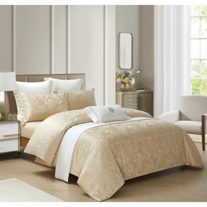 Lenjerie de pat dublu, Primavara, Cearsaf cu Elastic, Jacquard Lux, 4 piese, 2 persoane, Uni, 180x200cm, Bej