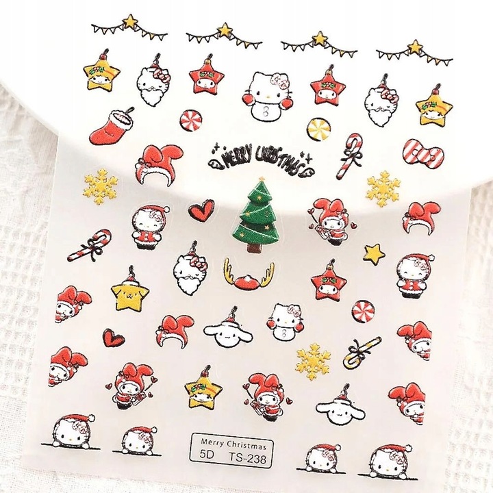 Set stickere 3D pentru unghii, model Hello Kitty de Craciun, multicolor