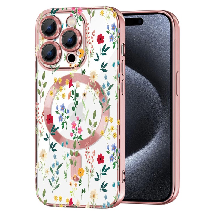 Husa BestCase® Luxury MagSafe, Compatibila Apple iPhone 15 Pro, Spring Flowers, Ultra-Soft, Margini metalizate, 1946071 MC Rose 635