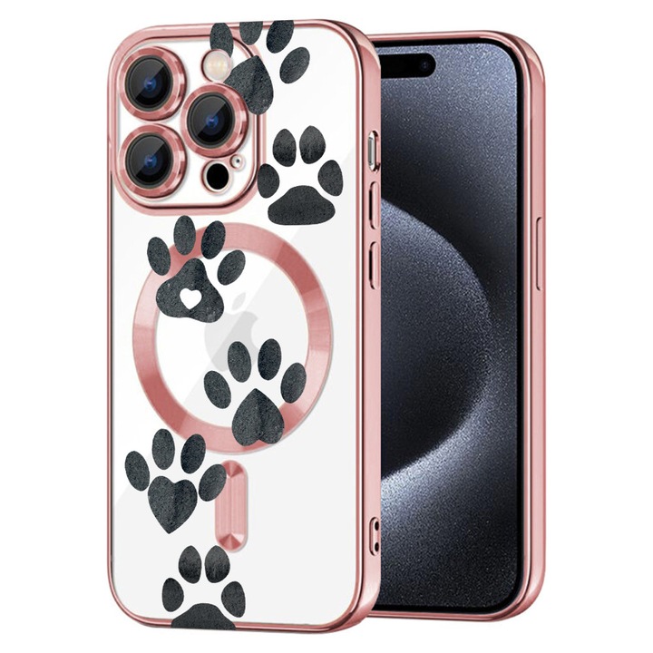 Husa BestCase® Luxury MagSafe, Compatibila Apple iPhone 13 Pro, Dog Paw, Ultra-Soft, Margini metalizate, 1946064 MC Rose 1013