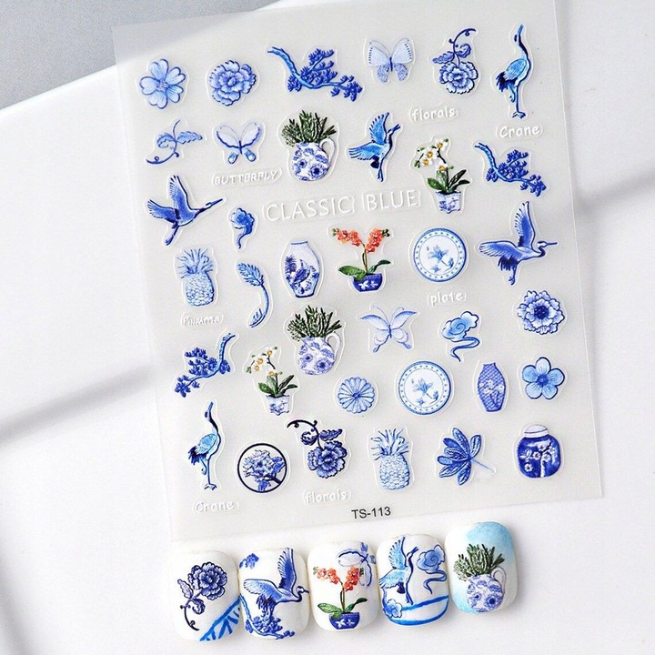 Set stickere 3D pentru unghii, model de portelan, albastru