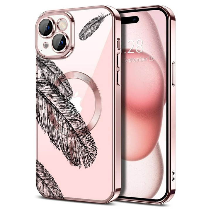 Husa BestCase® Luxury MagSafe, Compatibila Apple iPhone 15, Black feathers, Ultra-Soft, Margini metalizate, 1946070 MC Rose 18