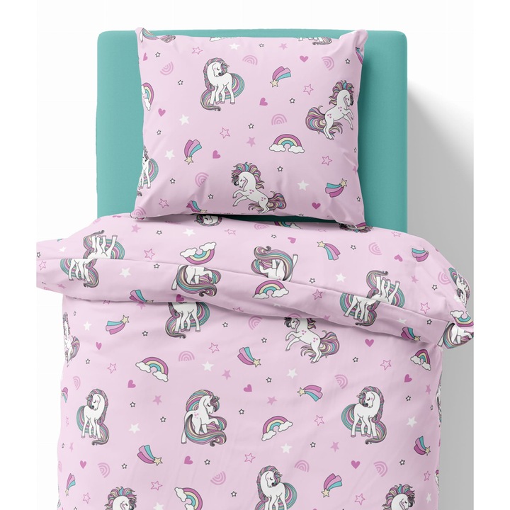 Detexpol gyerek ágyneműhuzat, 140x200cm, unikornis minta, pamut, cipzárral, többszínű