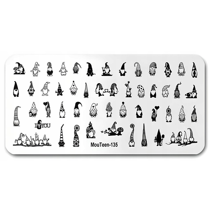 Placuta cu stampile pentru unghii, model gnomi, 12x6cm, argintiu
