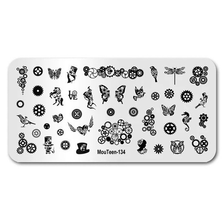 Placuta cu stampile pentru unghii, model roti dintate, 12x6cm, argintiu