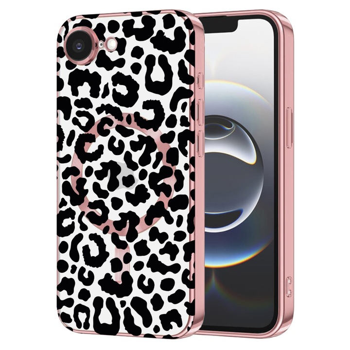 Husa BestCase® Luxury MagSafe, Compatibila Apple iPhone 16e, Leopard, Ultra-Soft, Margini metalizate, 1983981 MC Rose 1057