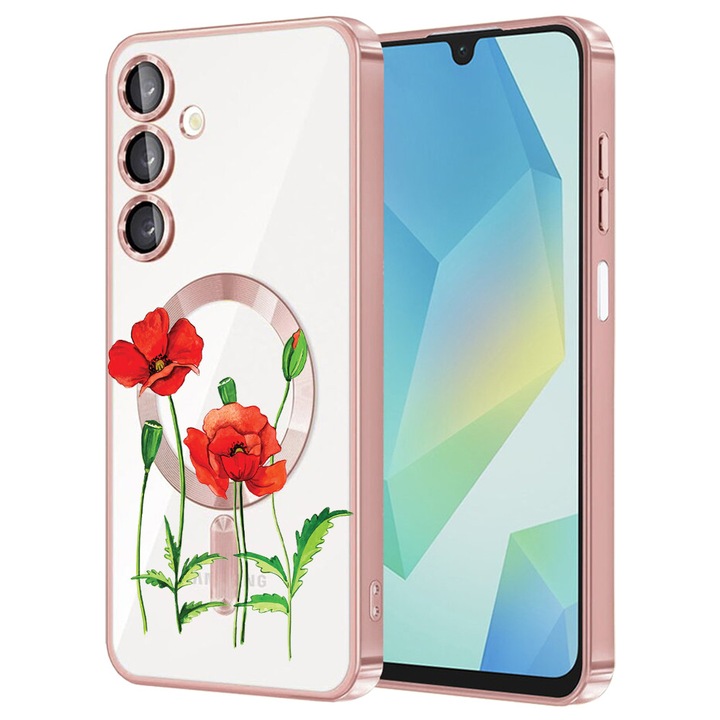Husa BestCase® Luxury MagSafe, Compatibila Samsung Galaxy A55, Red Poppy, Ultra-Soft, Margini metalizate, 1983984 MC Rose 643