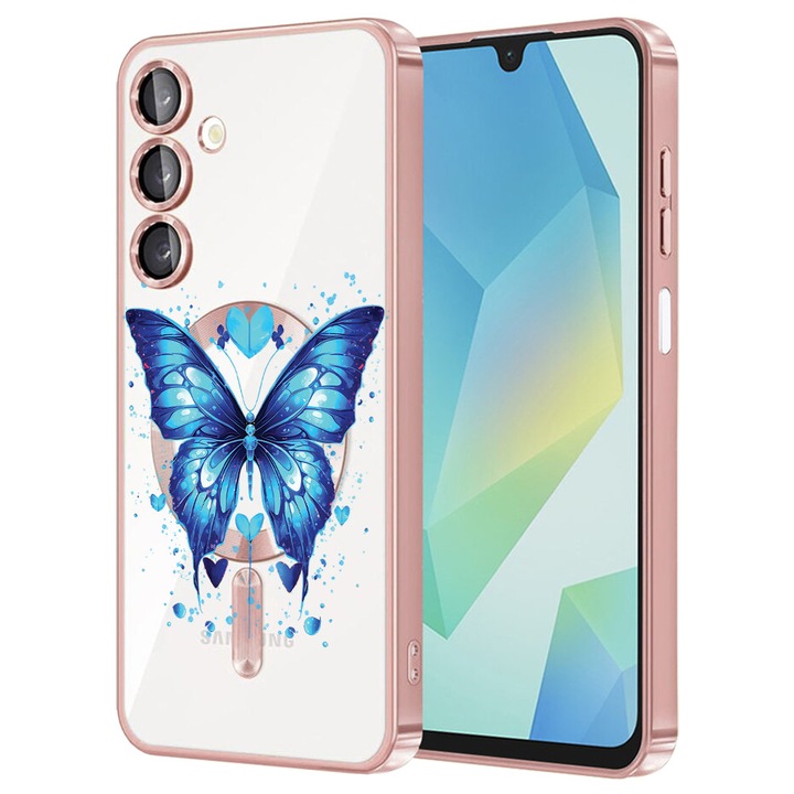 Husa BestCase® Luxury MagSafe, Compatibila Samsung Galaxy A55, Blue Butterfly, Ultra-Soft, Margini metalizate, 1983984 MC Rose 1586