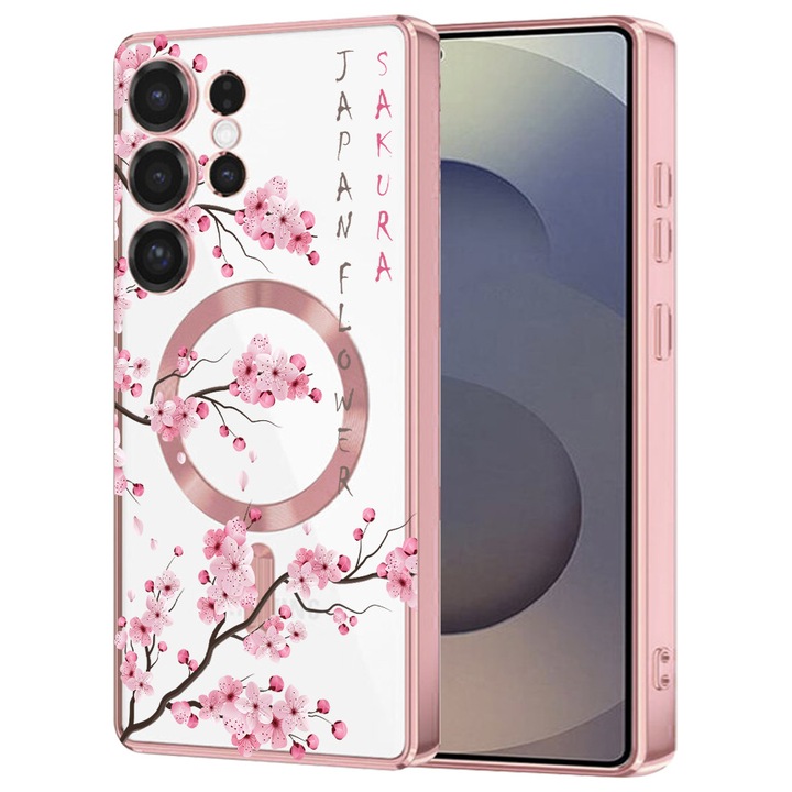 Husa BestCase® Luxury MagSafe, Compatibila Samsung Galaxy S25 Ultra, Cherry Blossom Trees, Ultra-Soft, Margini metalizate, 1946051 MC Rose 1834