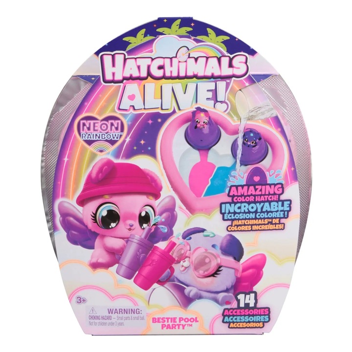 Комплект фигурки Hatchimals Alive Neon Rainbow, 2 героя, басейн във формата на сърце, 14 аксесоара