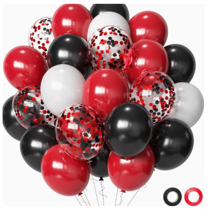 Set 50 baloane Rosi cu Negru TrendiShop®, Latex Premium, Ideale pentru Petreceri si Decoruri Festive, Rosu, Negru, Alb, Confetti, 30 cm