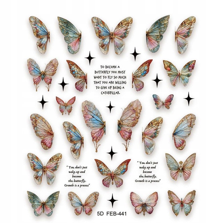 Set stickere 3D pentru unghii, 9.5x8cm, model fluturi, multicolor