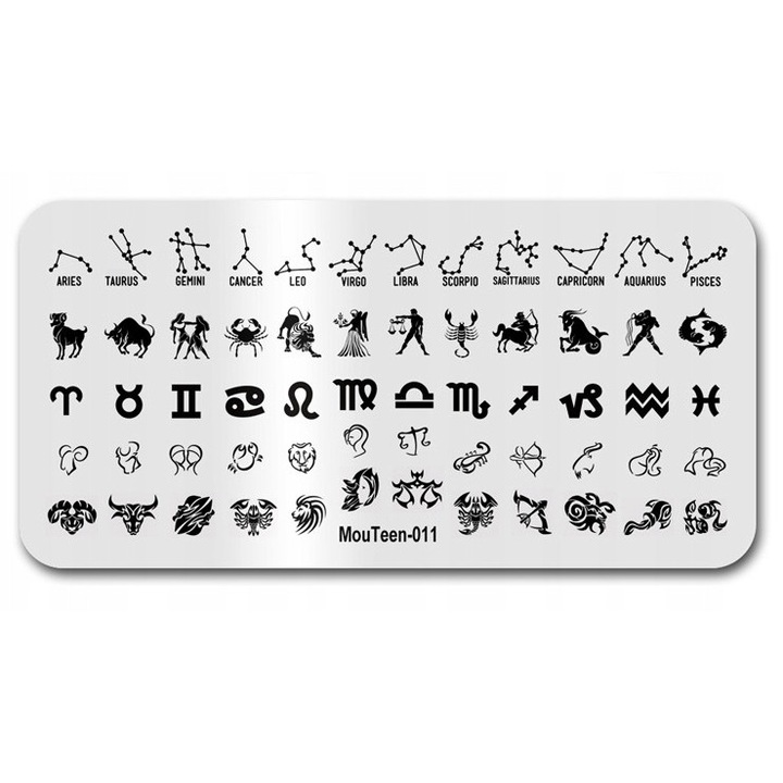 Placuta cu stampile pentru unghii, 12x6cm, model zodiac, argintiu