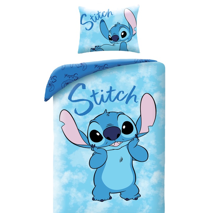 Set lenjerie de pat pentru copii, model Lilo si Stitch, bumbac, albastru, 160 x 200 cm