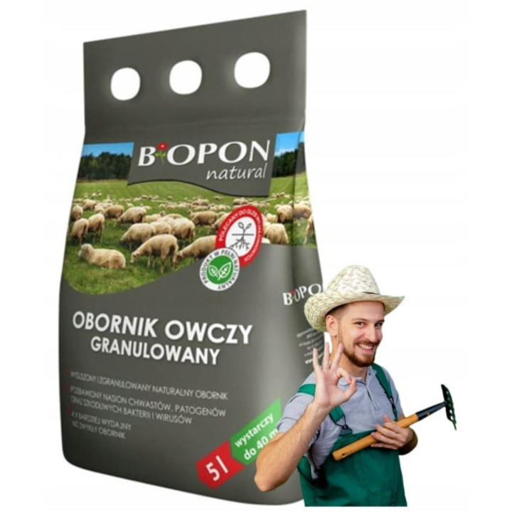 Ingrasamant organic granulat BIOPON, gunoi de grajd de oaie, 5L, fara aditivi chimici, miros neutru