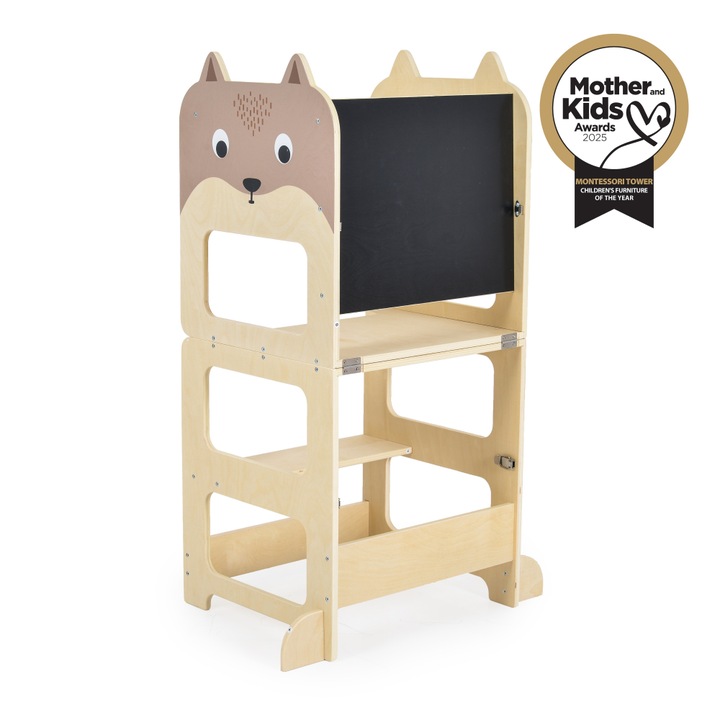 Дървена кула за учене 3в1 за деца Moni Montessori Learning Tower, многофункционална, лека и стабилна конструкция, трансформираща се в масичка или черна дъска за рисуване