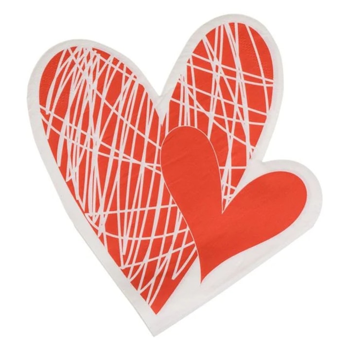 Servetele de Masa cu 2 Straturi Albe Inimi Rosii 33x33cm - 20buc