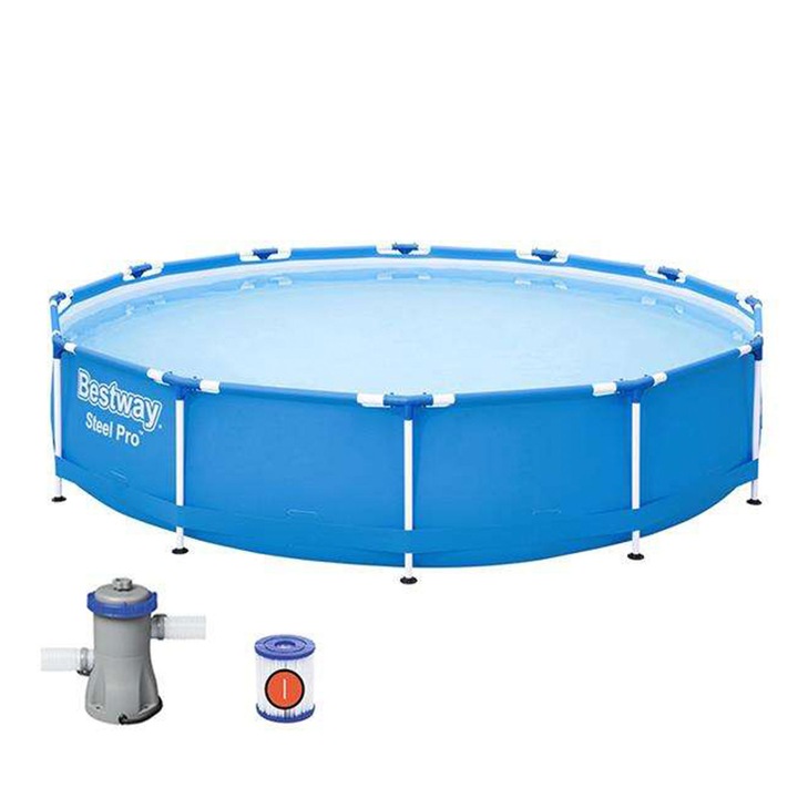 Piscina cu perete solid si filtru de circulatie a apei 366 x 76 cm, 6473 litri, Bestway Steel PRO, DA00136