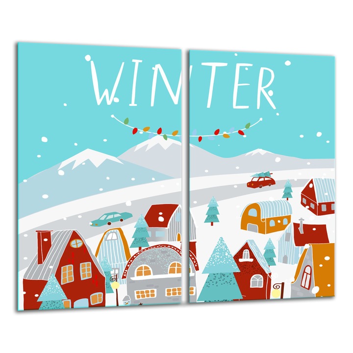 Edzett üveglap, 2 darabos készlet, 30x52cm, grafikus téli tájkép mintával, magas hőmérsékletnek ellenálló, könnyen tisztítható