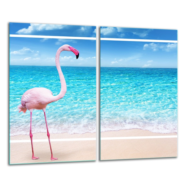 Placa de sticla pentru taiat 2x 30x52 cm, design flamingo, rezistenta la temperaturi ridicate, usor de curatat