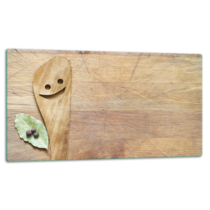 Placa din sticla securizata, 52x30cm, design grafic lemn, tocator pentru bucatarie