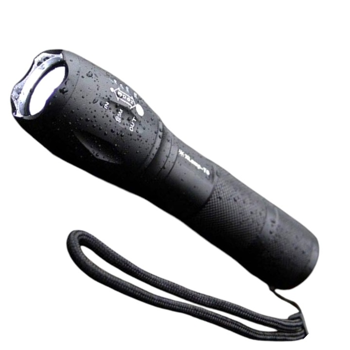 Тактическо LED фенерче, телескопично, USB зареждане, максимален обхват 300 м, 10 W, 1200 mAh, функция за мащабиране и зареждане на телефон, 15.7 см, черно