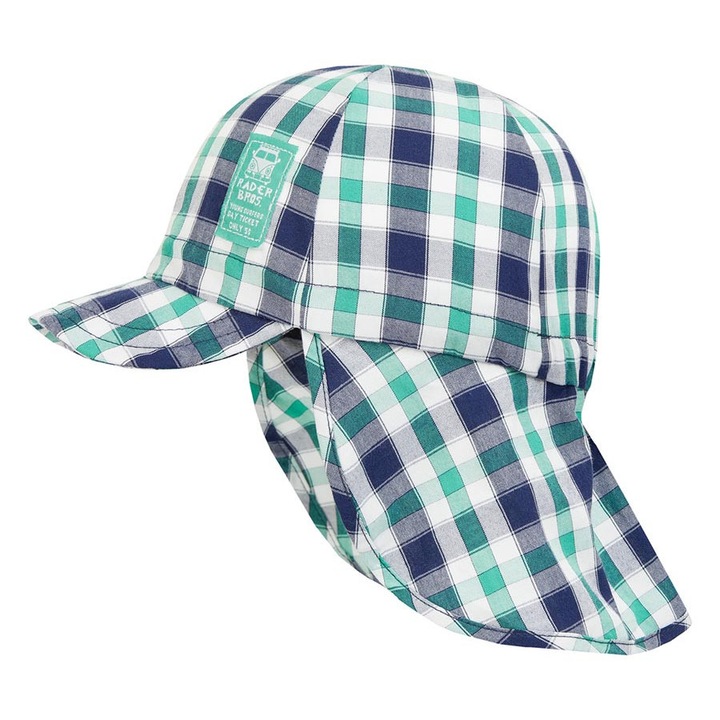 Babazöld kockás sapka nyakvédővel, pamut