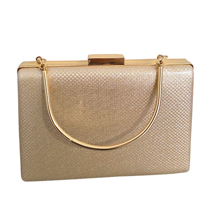 Geanta de ocazie, SYLVI, tip clutch, cu lant detasabil auriu si piele ecologica, Auriu, FashionForYou