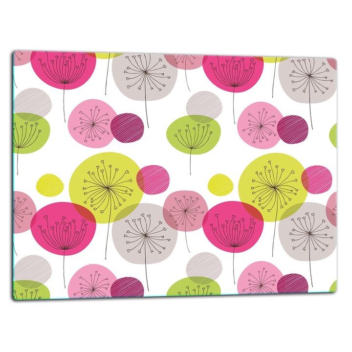 Placa de sticla protectoare 52x40cm, design flori, pentru gatit si taiat, set cu suporturi antiderapante