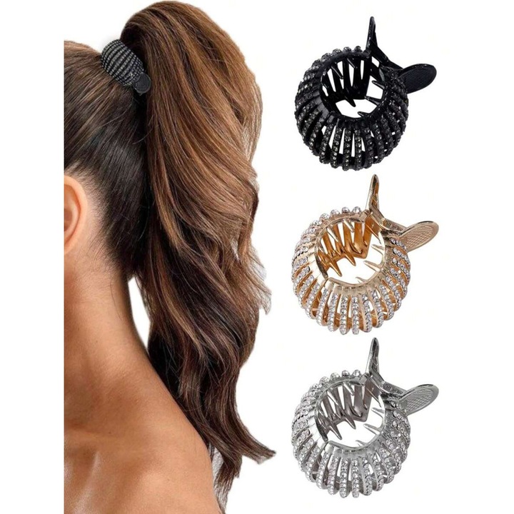 Set 3 Clame decorative Danati™, pentru Coada de Par, Ovale, Cristale Stralucitoare, 3 Culori, Negru, Auriu, Argintiu, Dimensiuni 4.5 x 5.5 cm