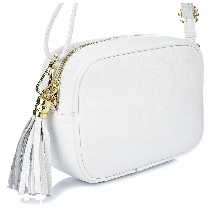 Bőr válltáska, Beltimore, fehér, 15x21x8cm, rojtos, Olaszországban készült