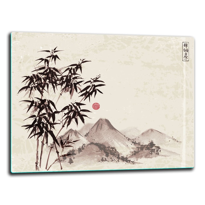 Placa de sticla protectoare 52x40cm, design peisaj, pentru gatit si taiat, set cu suporturi antiderapante