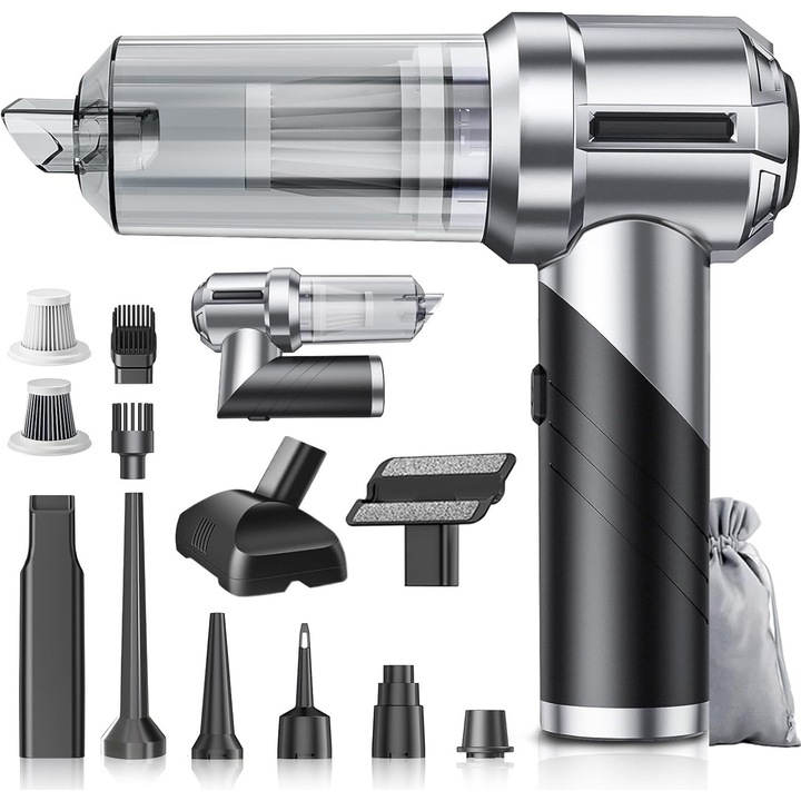 Aspirator Portabil 17000Pa 3 Viteze Talzov®, Pliabil la 90°, Motor fara perii, Autonomie 30 min, 7500mAh, 120W, Negru