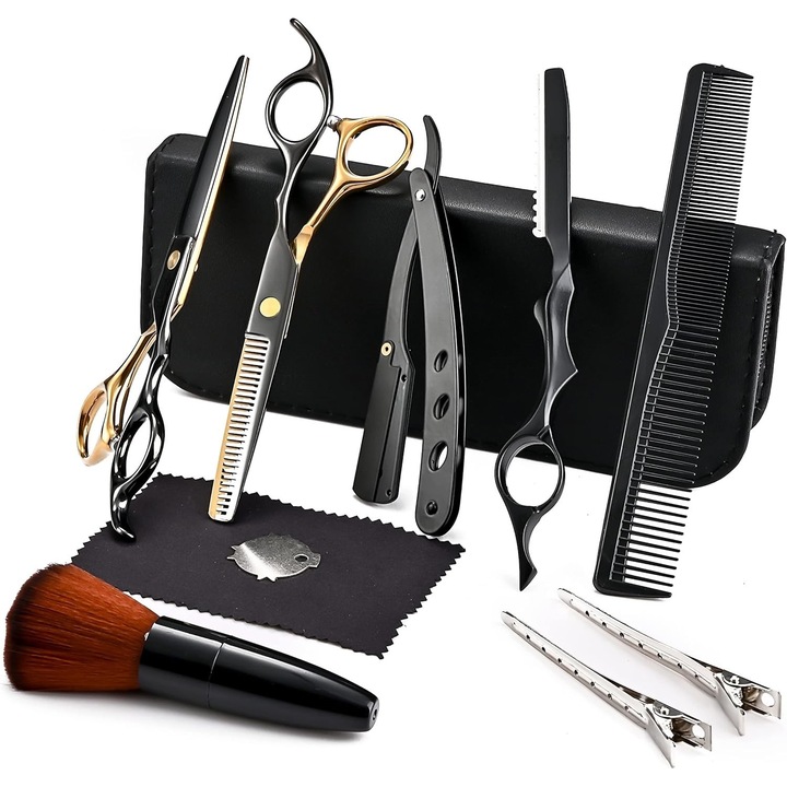 Професионални ножици за подстригване и филиране, Excitat®, с бръснач, гребен, четка и включени щипки, японска неръждаема стомана, 17 см, Комплект от 11 части, за фризьорски салон, салон или коафьорски салон, кожен калъф, Черен и златен
