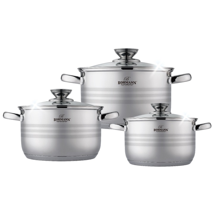 Set 3 oale, Bohmann, inox, (2.9L, 3.9L, 4.9L), inductie, cu capac, argintiu