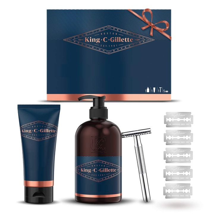 Подаръчен комплект King C. Gillette с безопасна самобръсначка за мъже и грижа за брадата, самобръсначка + 5 ножчета + гел за бръснене + шампоан за брада, подаръчен комплект за бръснене за мъже